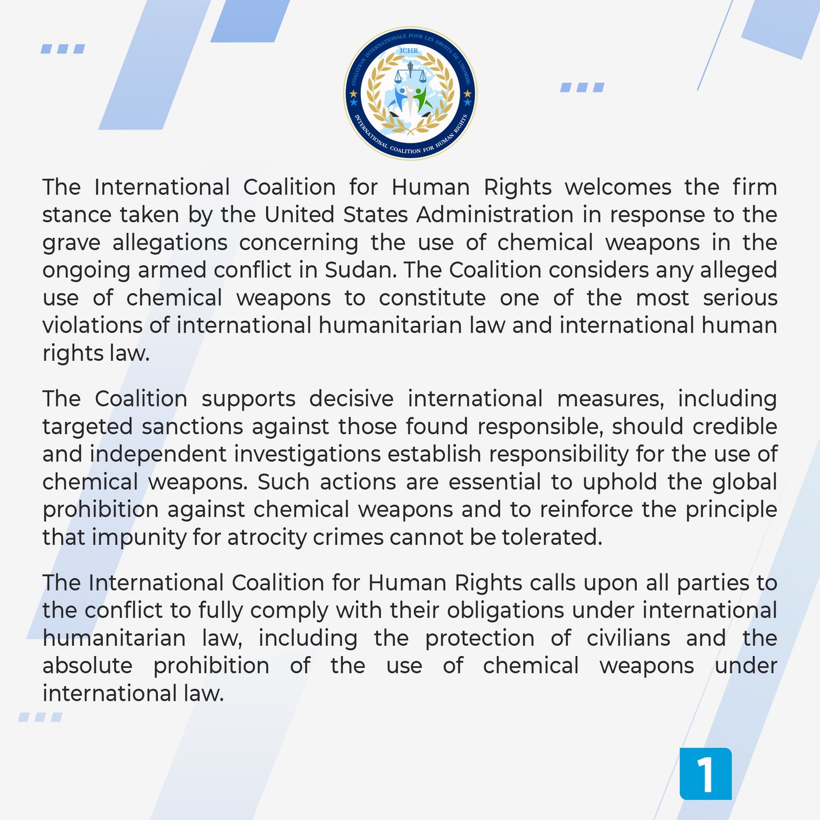 Statement card 1 of 2: the Coalition welcomes the United States Administration’s stance, supports targeted sanctions where responsibility is established, and calls on all parties to comply with international humanitarian law.
