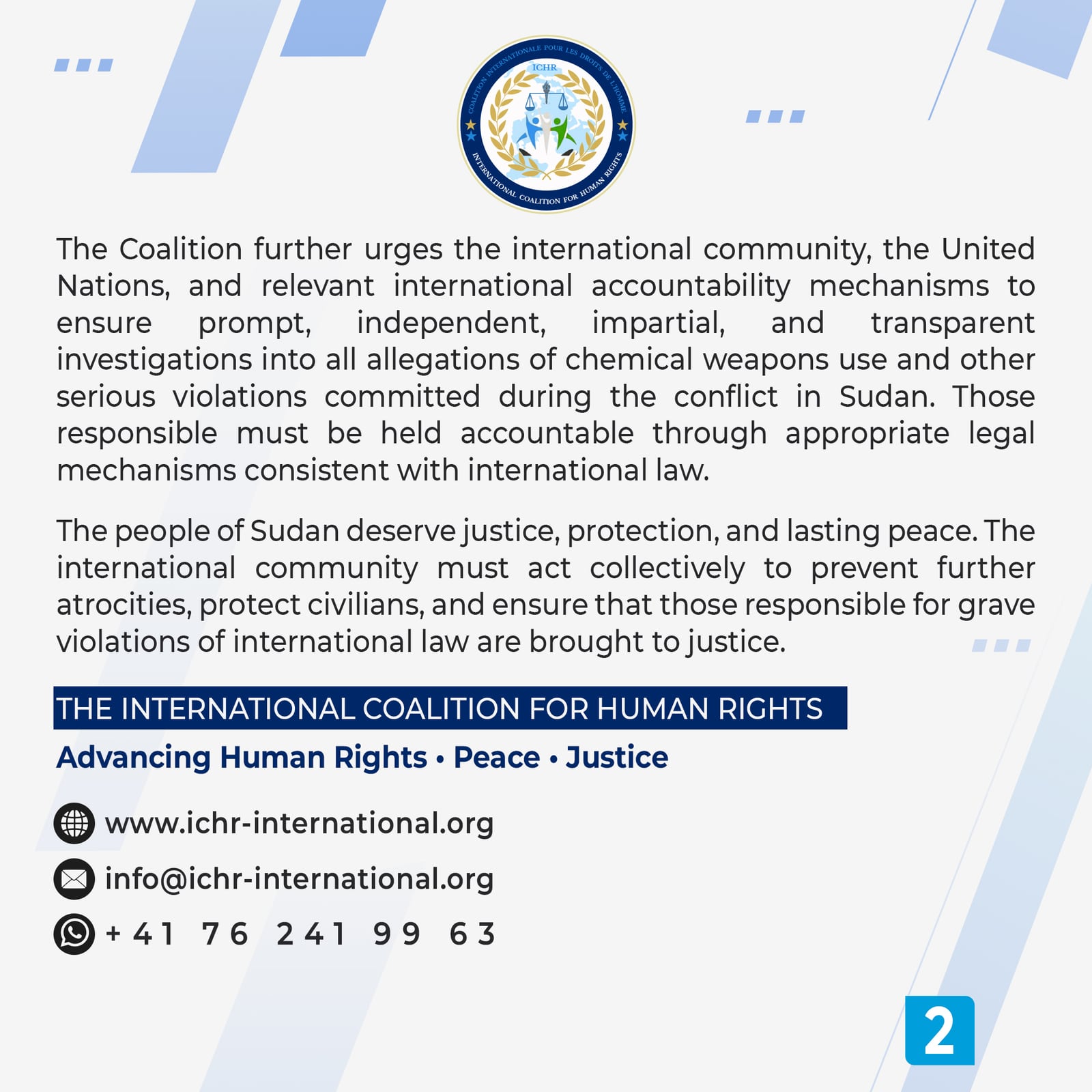 Statement card 2 of 2: the call for prompt, independent, impartial and transparent investigations into all allegations of chemical weapons use, and for those responsible to be held accountable under international law.