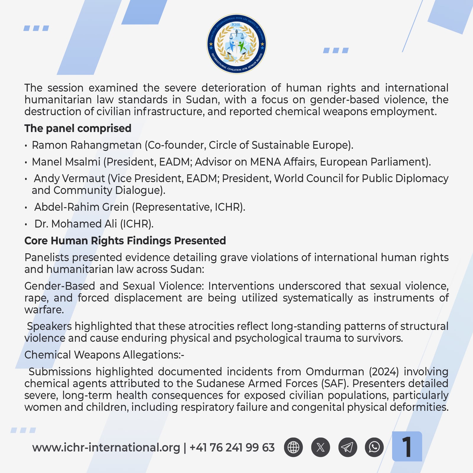 Statement card 1 of 4: the scope of the session, the five panellists, and the core findings on gender-based and sexual violence and on the chemical weapons allegations.