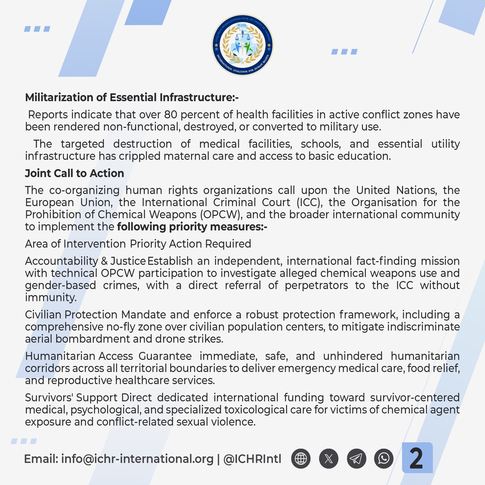 Statement card 2 of 4: the militarisation of essential infrastructure, and the joint call to action on accountability and justice, civilian protection, humanitarian access and survivors’ support.