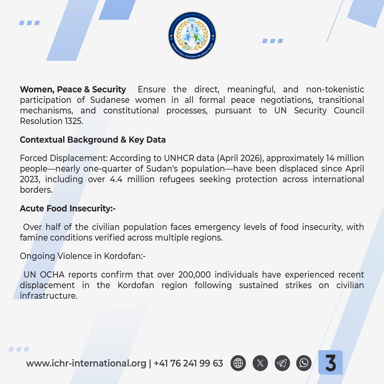 Statement card 3 of 4: women, peace and security under UN Security Council Resolution 1325, and contextual data on forced displacement, acute food insecurity and continuing violence in Kordofan.
