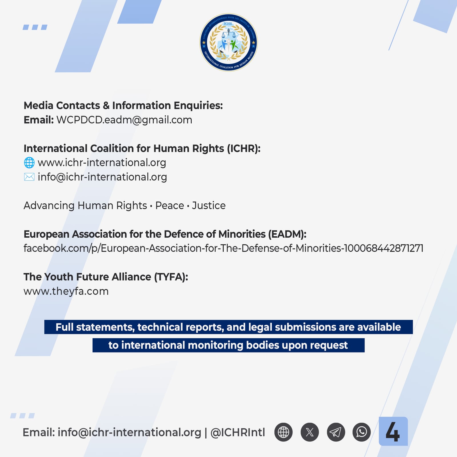 Statement card 4 of 4: media contacts for the International Coalition for Human Rights, the European Association for the Defence of Minorities and The Youth Future Alliance.