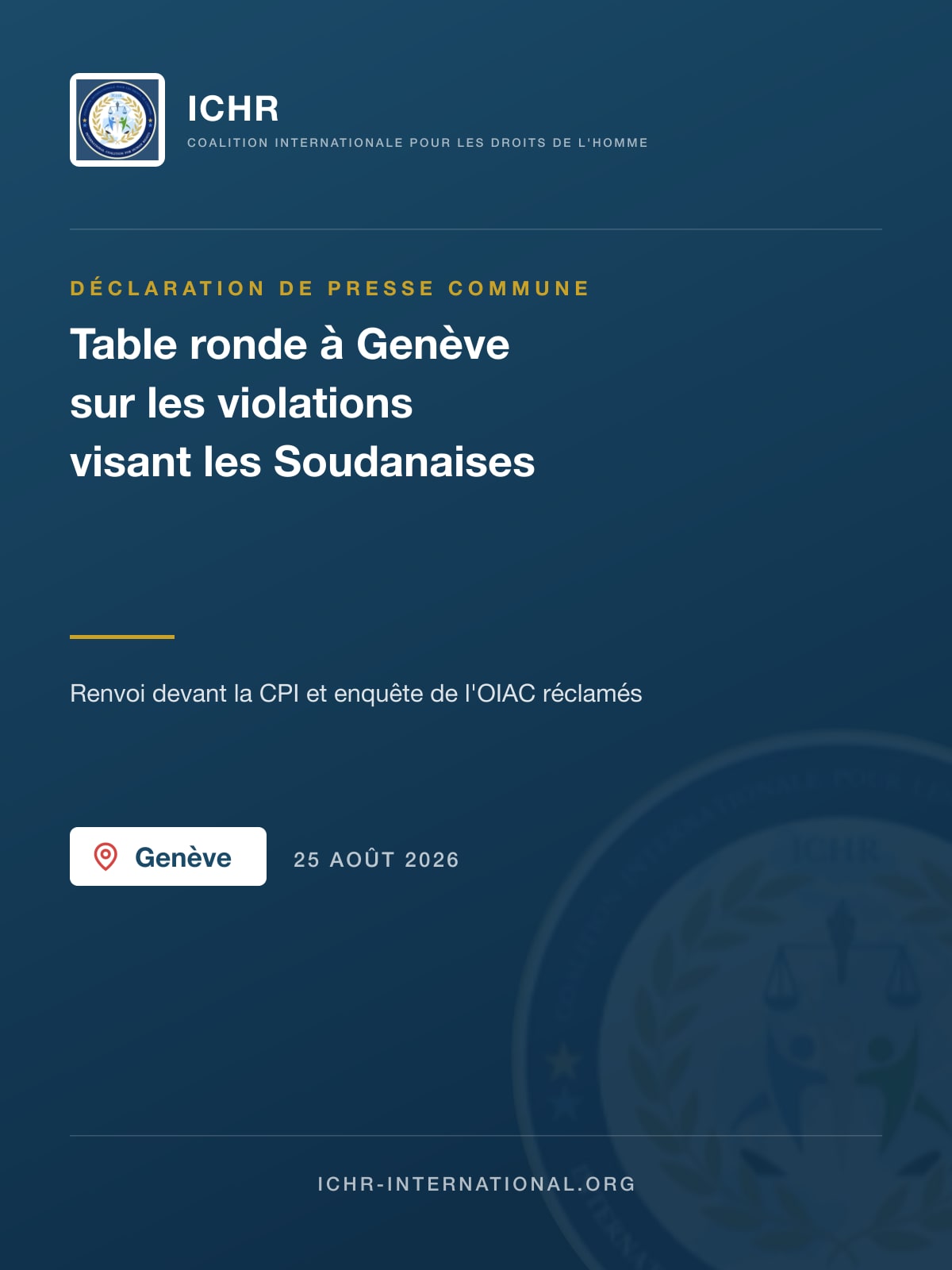 Une table ronde de la société civile à Genève dénonce les violations systématiques visant les femmes au Soudan et réclame un renvoi devant la CPI et une enquête de l'OIAC