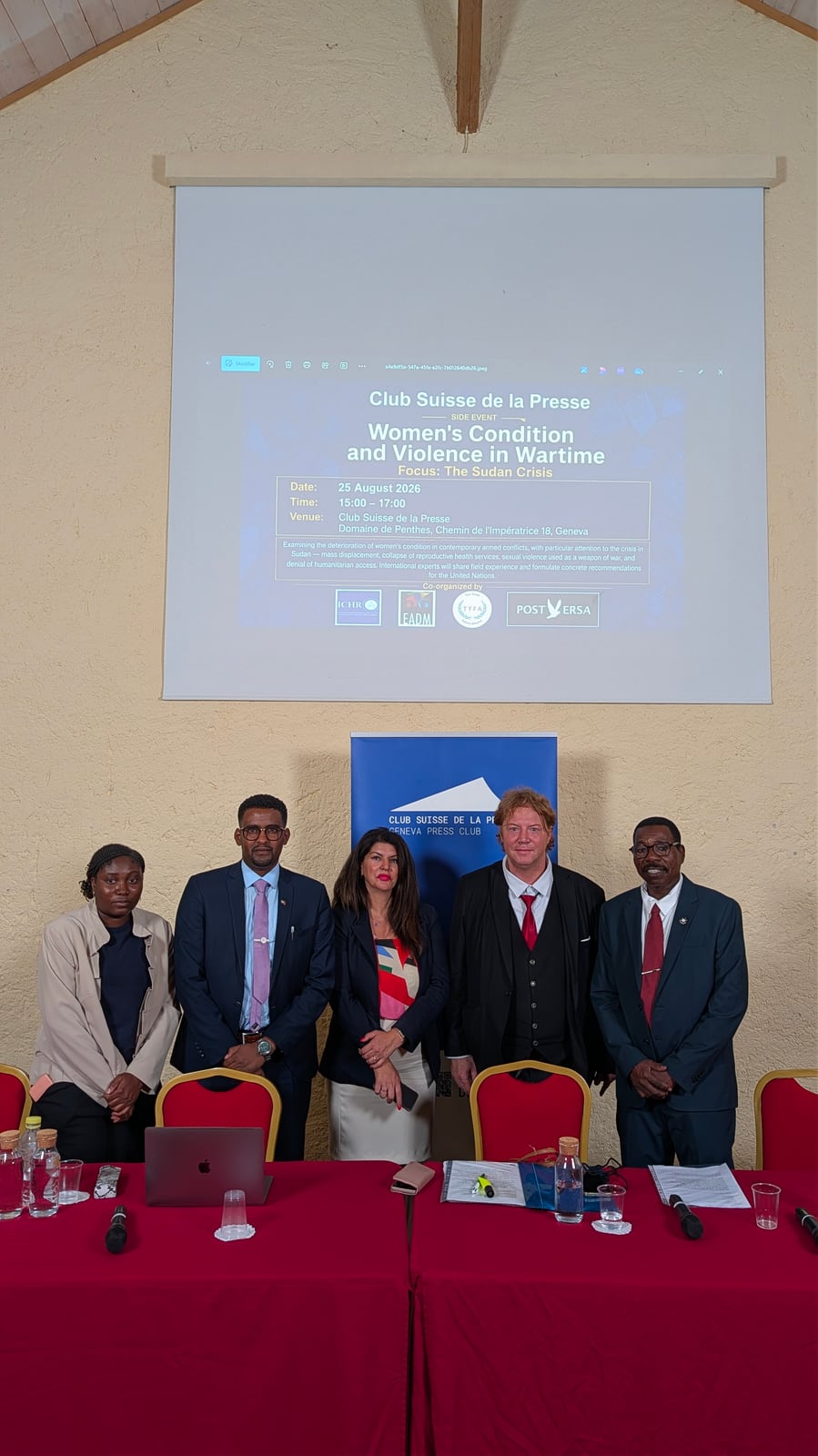 Panellists and organisers at the Club Suisse de la Presse, Geneva, 25 August 2026.