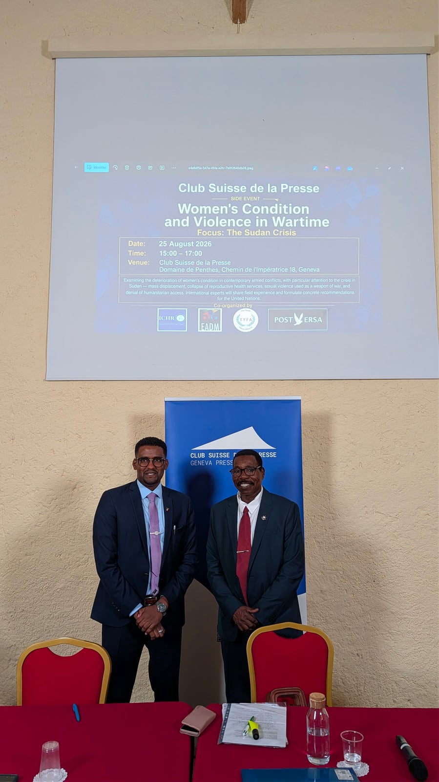 Abderrahim Grein and Dr. Mohamed Ali representing the International Coalition for Human Rights at the Geneva panel, 25 August 2026.