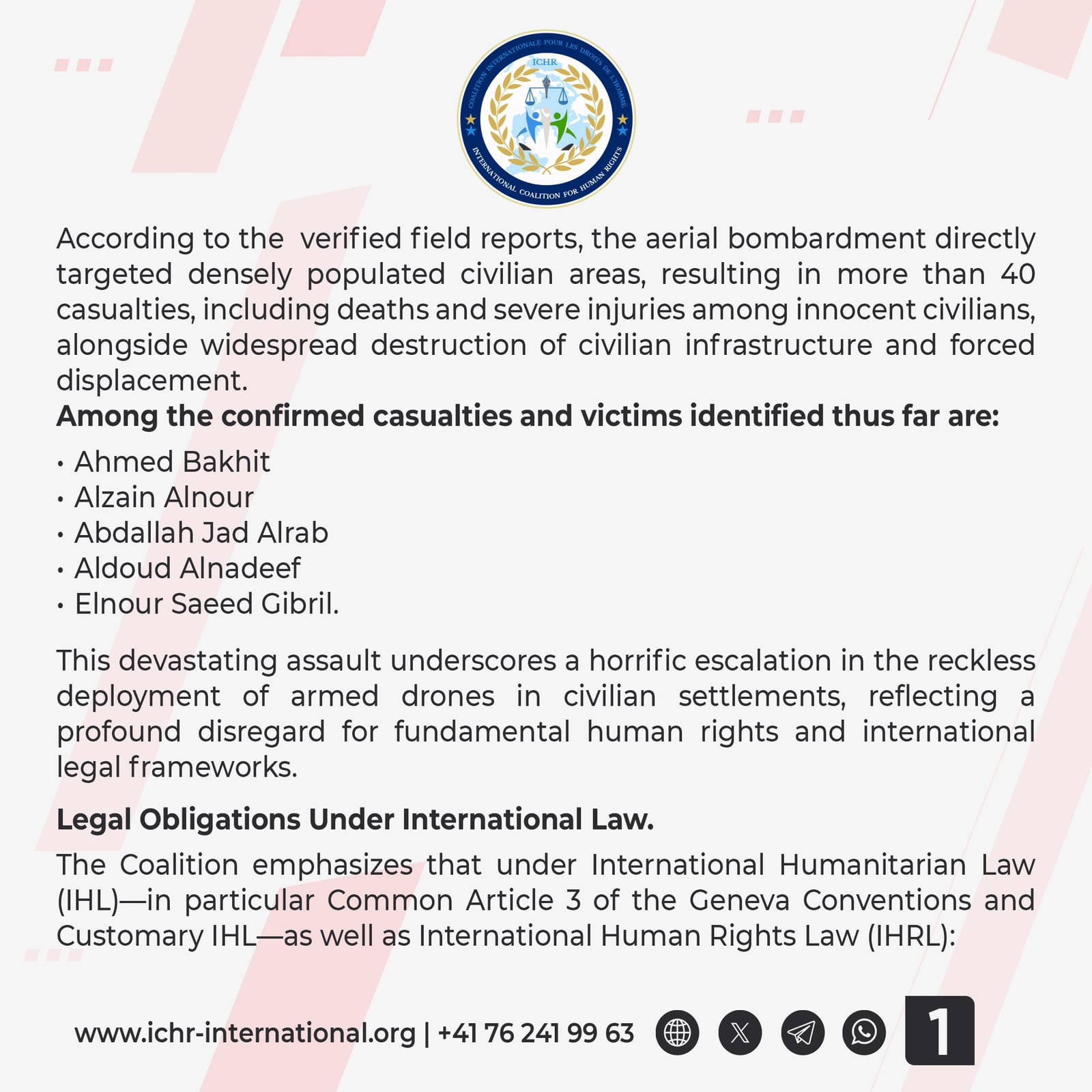 Joint statement card 1 of 3: the verified field reports of the 2 August 2026 drone bombardment of densely populated civilian areas at Al-Zawiya Ghara, the toll of more than 40 casualties, and the names of the victims identified so far.