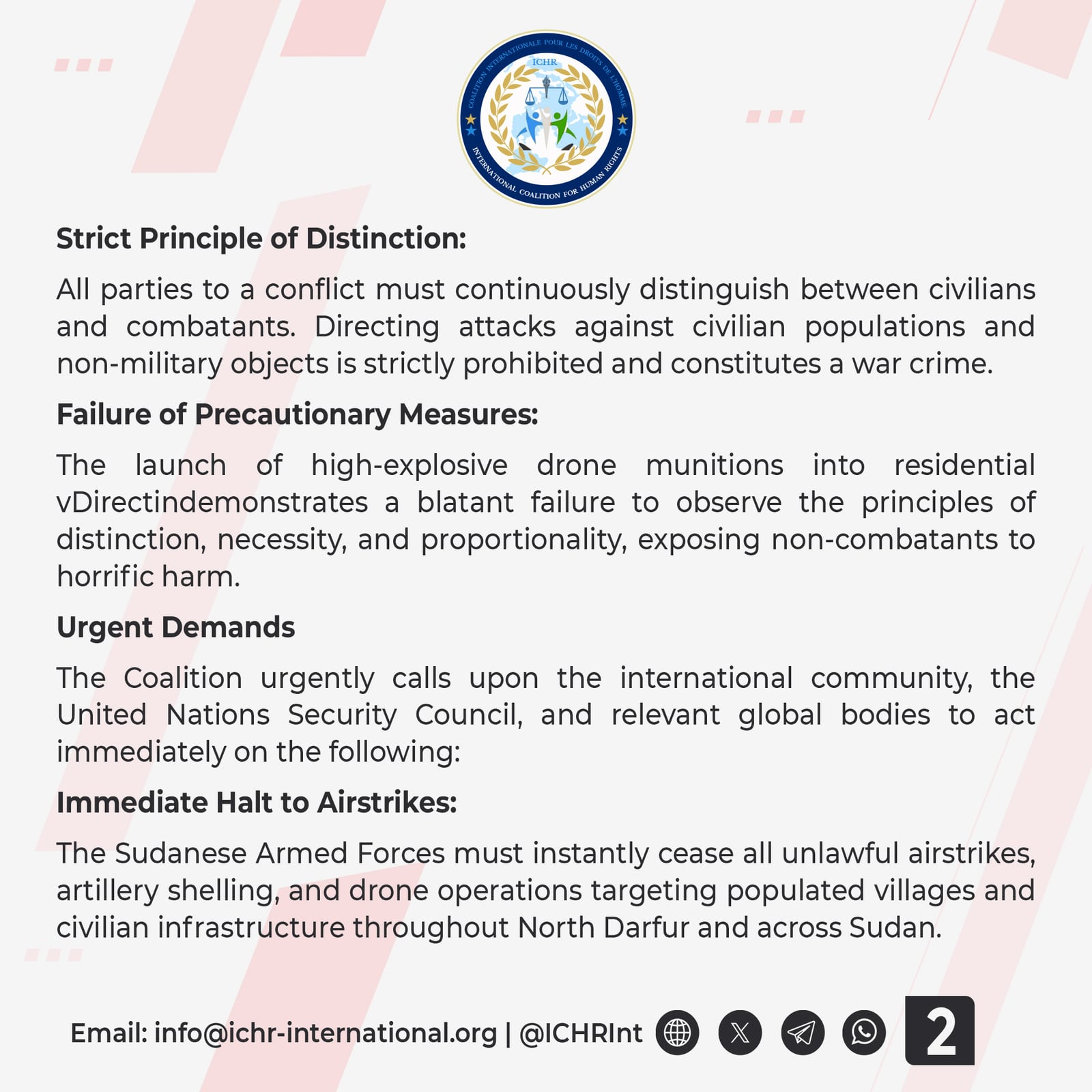 Joint statement card 2 of 3: the legal obligations under international humanitarian law — the strict principle of distinction between civilians and combatants, and the failure to observe precaution, necessity and proportionality.