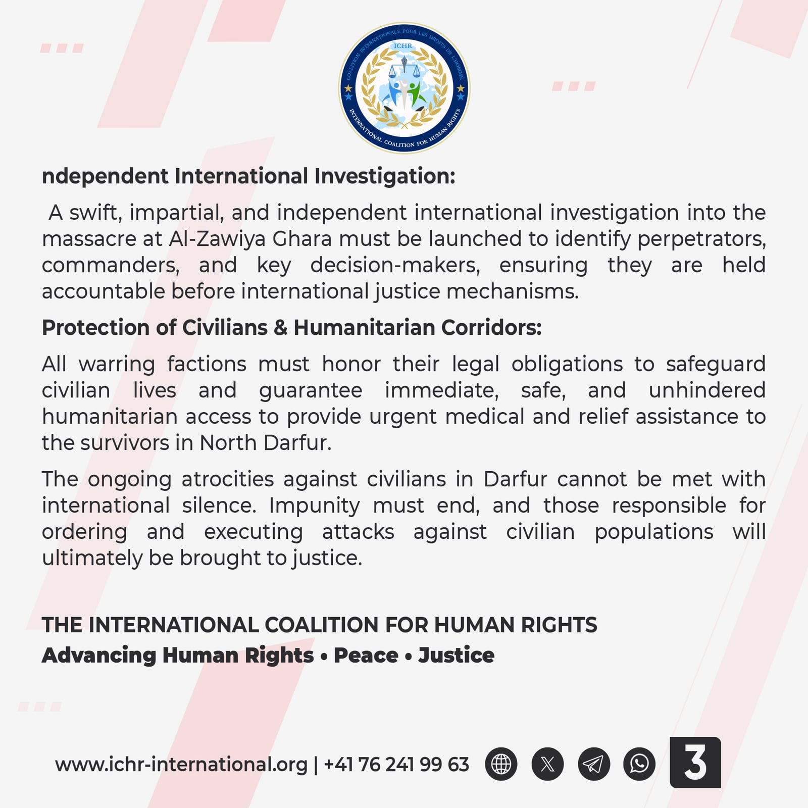 Joint statement card 3 of 3: the urgent demands — an immediate halt to airstrikes, an independent international investigation into the Al-Zawiya Ghara massacre, and guaranteed humanitarian access for survivors in North Darfur.