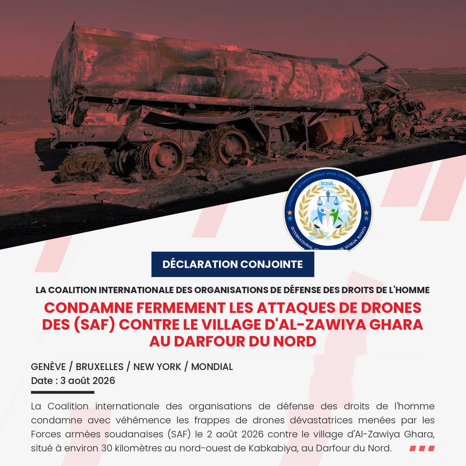 Déclaration conjointe : la Coalition internationale des organisations de défense des droits de l'homme condamne fermement les attaques de drones des SAF contre le village d'Al-Zawiya Ghara au Darfour du Nord