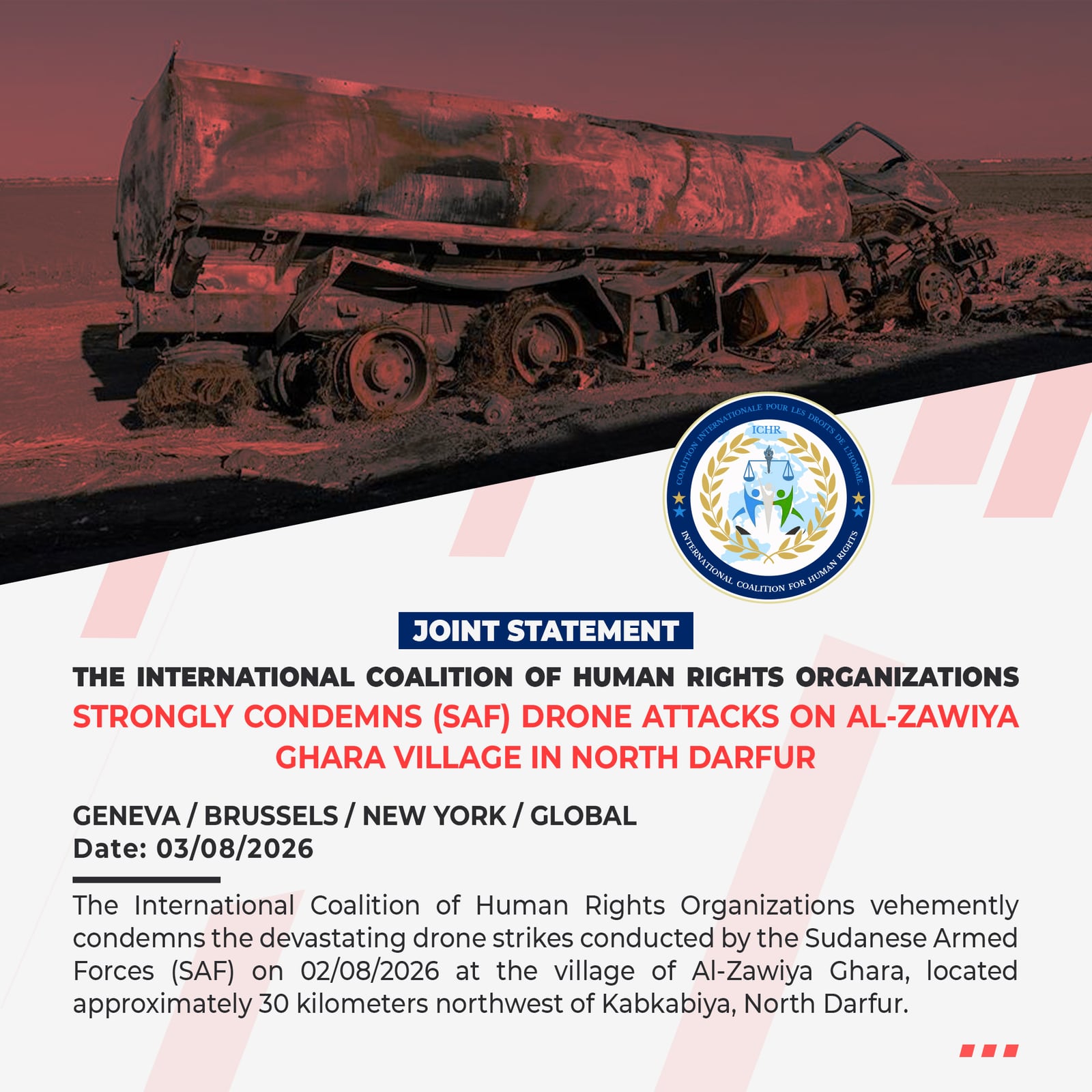 Joint Statement: The International Coalition of Human Rights Organizations Strongly Condemns SAF Drone Attacks on Al-Zawiya Ghara Village in North Darfur