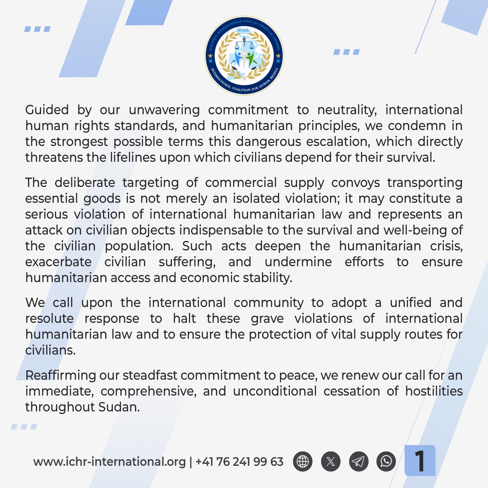 Statement card 1 of 2: the Coalition condemns the escalation in the strongest possible terms and warns that targeting commercial supply convoys may constitute a serious violation of international humanitarian law.