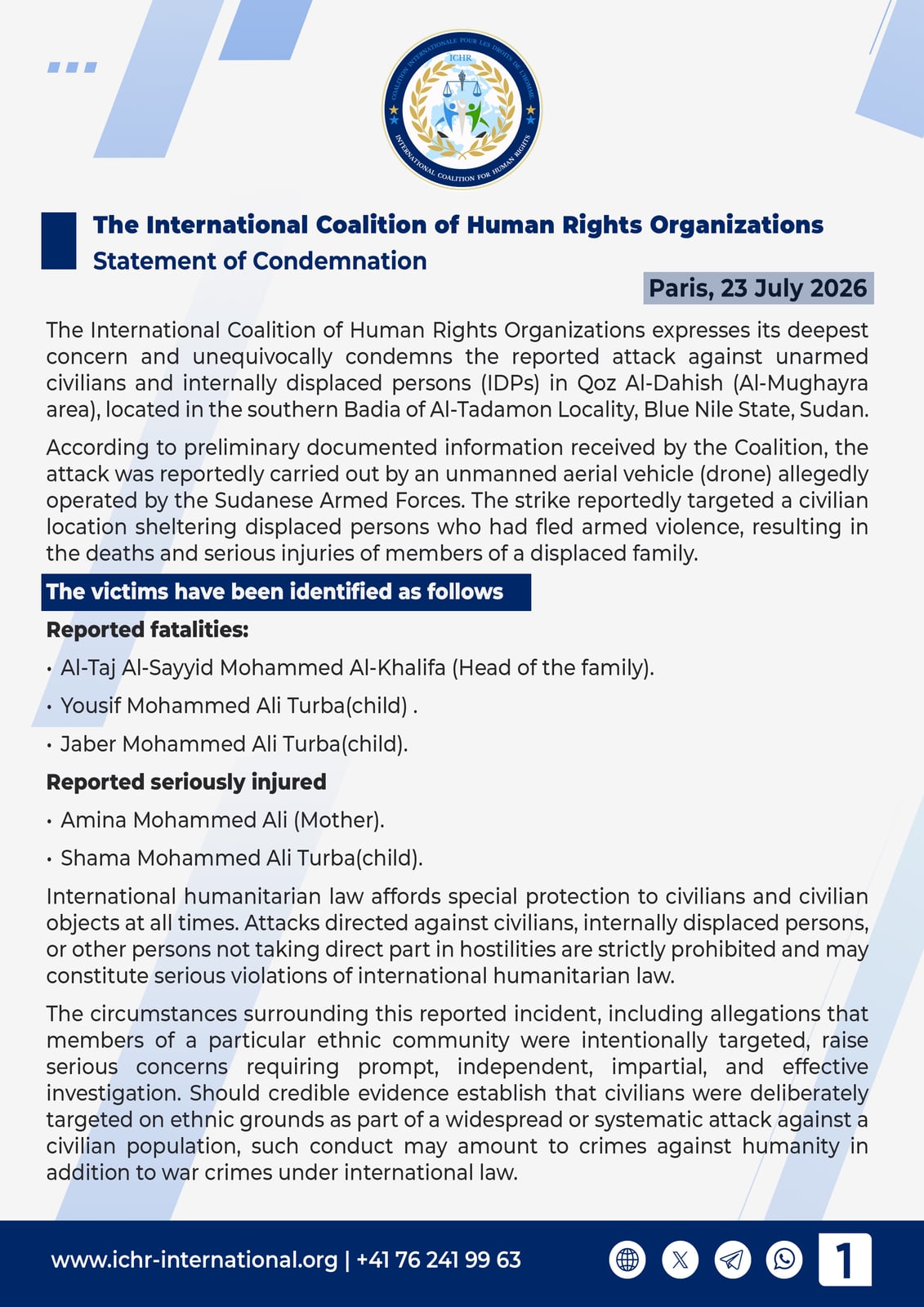 Statement page 1 of 2: the reported drone strike on a civilian site sheltering displaced people in Qoz Al-Dahish, the identified victims, and the protection international humanitarian law affords to civilians.