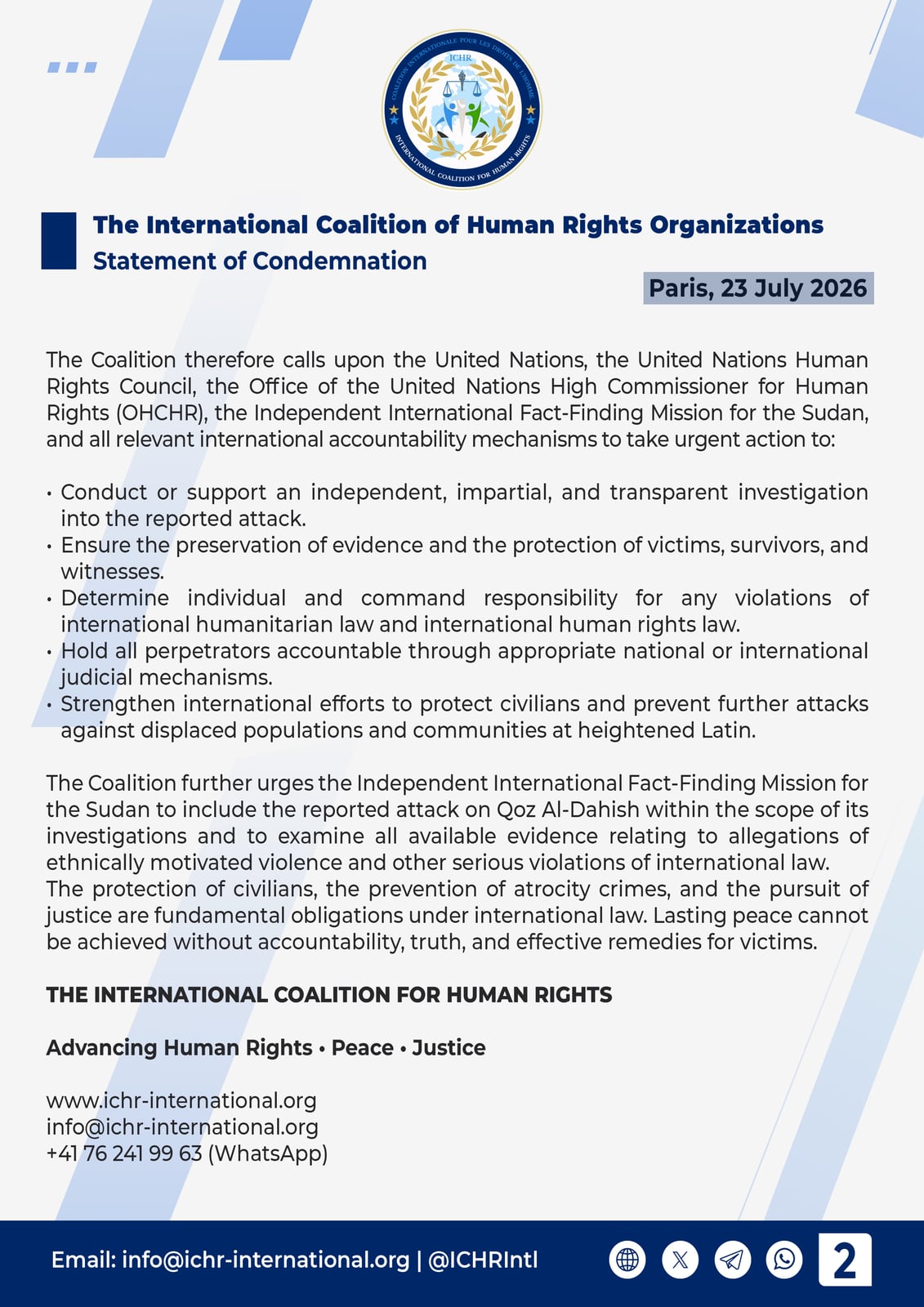 Statement page 2 of 2: the Coalition’s five calls to the United Nations, the Human Rights Council, OHCHR and the Independent International Fact-Finding Mission for the Sudan — investigation, preservation of evidence, command responsibility, accountability, and protection of displaced populations.