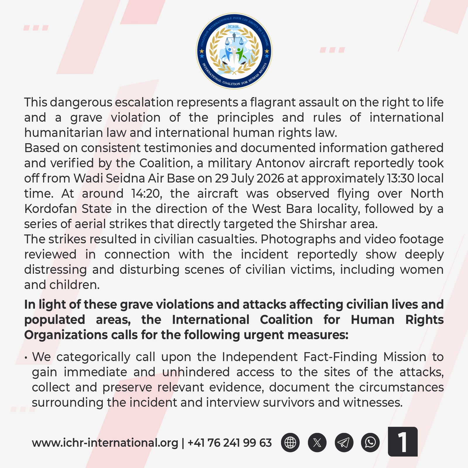 Statement card 1 of 3: the escalation as an assault on the right to life, the reported flight of a military Antonov from Wadi Seidna Air Base on 29 July 2026, the strikes on Shirshar and the resulting civilian casualties, and the first of the urgent measures — access for the Independent Fact-Finding Mission.