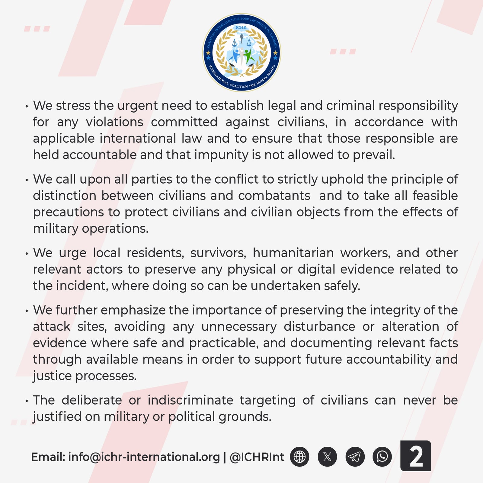 Statement card 2 of 3: the calls to establish legal and criminal responsibility, to uphold the principle of distinction between civilians and combatants, to preserve physical and digital evidence where it is safe to do so, and to protect the integrity of the attack sites.