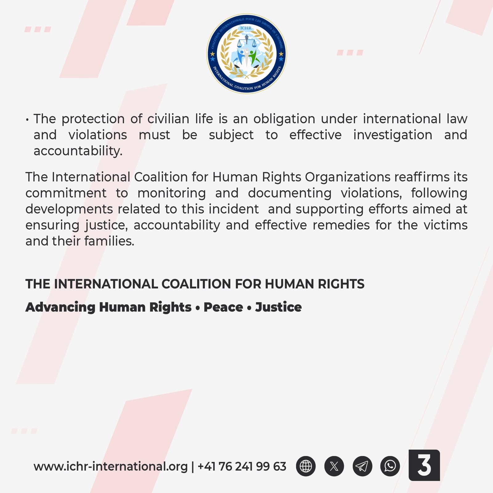 Statement card 3 of 3: the protection of civilian life as an obligation under international law, and the Coalition’s commitment to monitoring and documenting violations and supporting justice, accountability and effective remedies for the victims and their families.