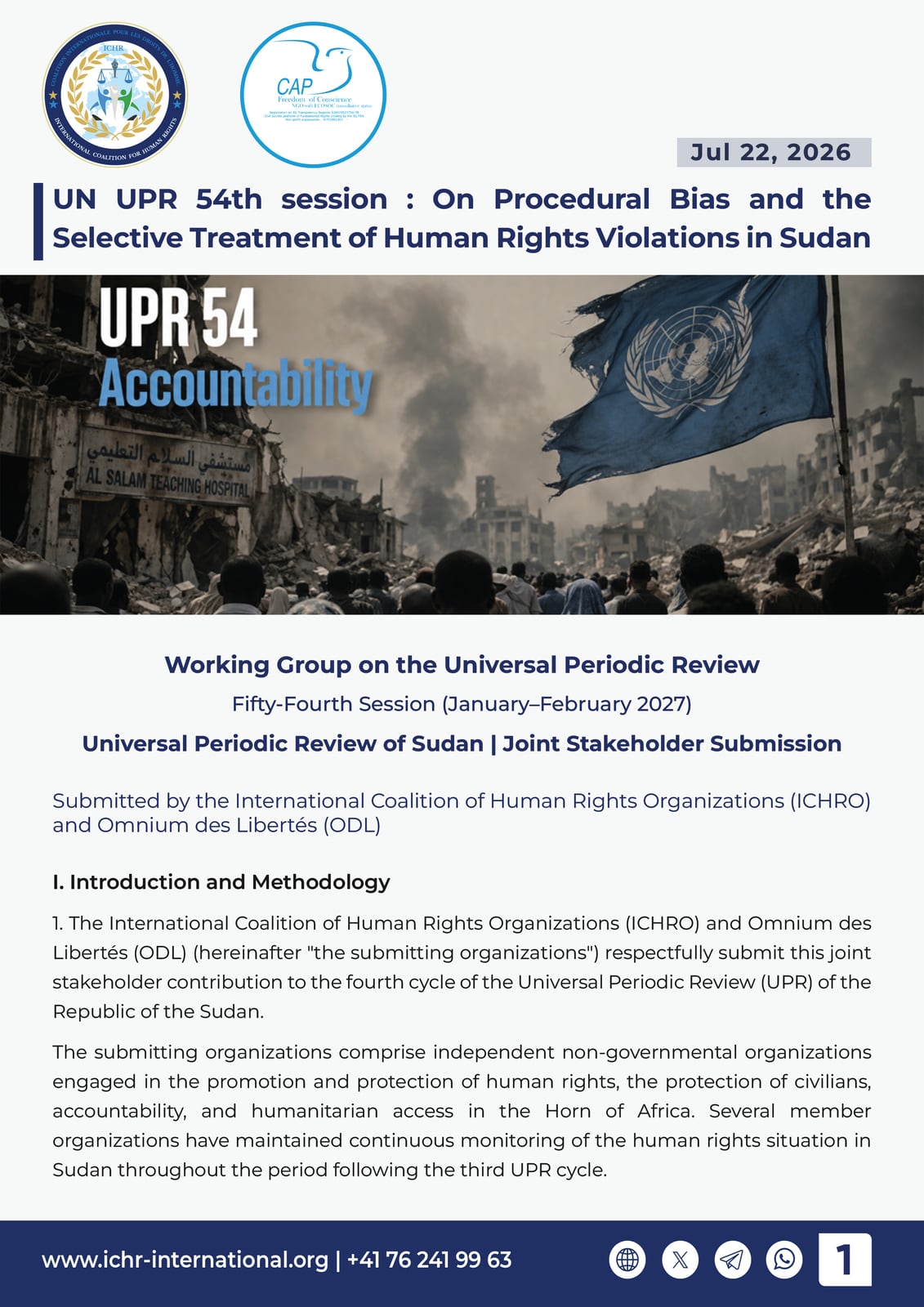 Page 1 — cover: joint stakeholder submission to the UPR Working Group, Fifty-Fourth Session, and the introduction and methodology.