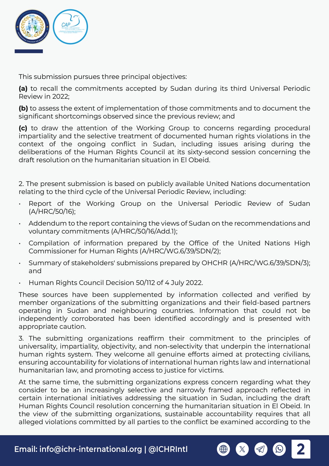 Page 2 — the three objectives of the submission and the United Nations documentation it draws on.