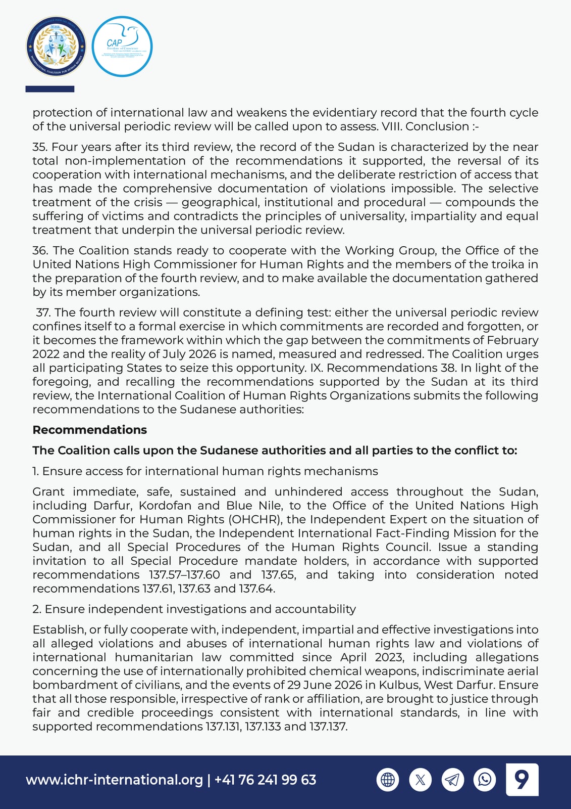 Page 9 — conclusion, and the first recommendations: access for international mechanisms, and independent investigations.