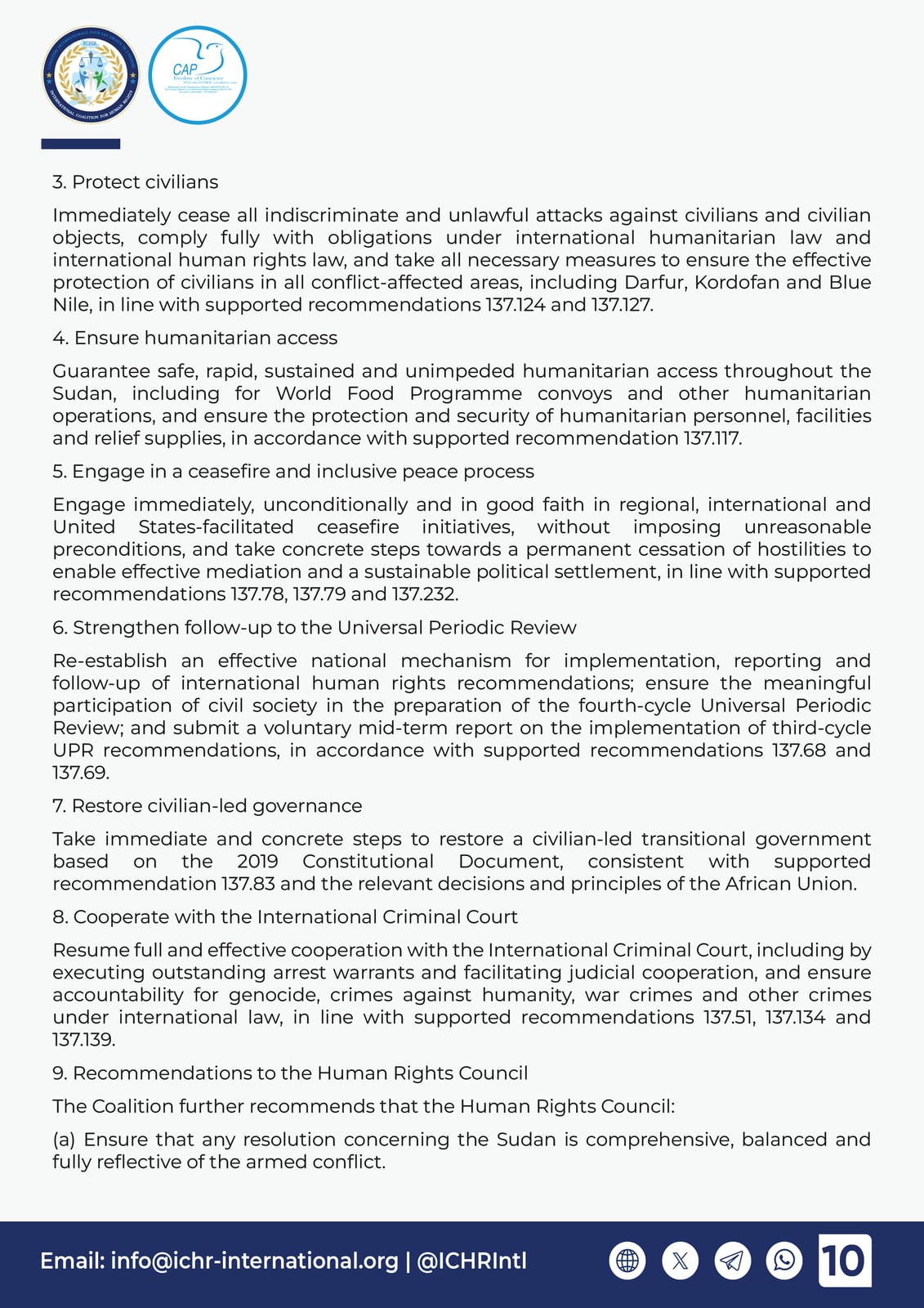 Page 10 — the remaining recommendations, from protection of civilians to cooperation with the International Criminal Court.